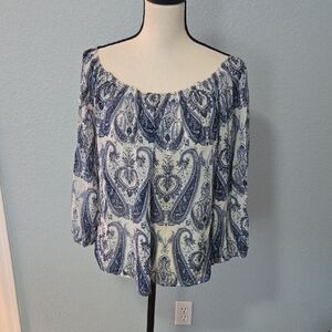 JOIE Silk Long Sleeve Blouse Off Shoulder Blue White Paisley Print Sz LARGE